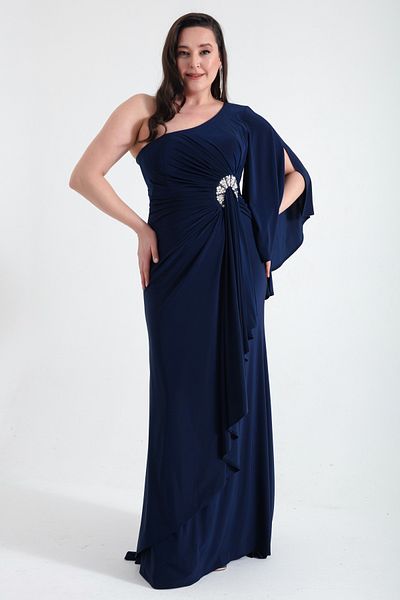 Lafaba Marineblaues langes Abendkleid mit One-Shoulder-Träger und Steindetail für Damen