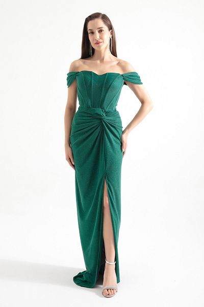 Lafaba Women's Emerald Green Double Breasted Lined Corset Detailed Long Glitter Evening Dress