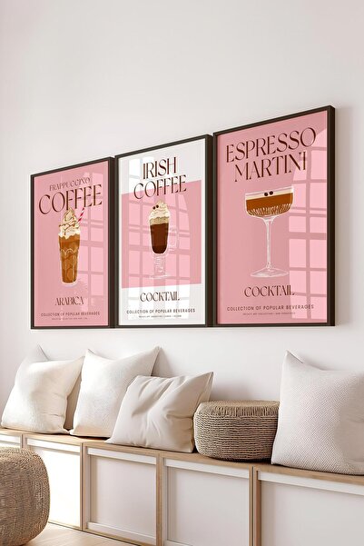 Postifull Çerçeveli Tablo Seti, 3 Adet Siyah Çerçeve ve Kokteyl Çizim Temalı ...