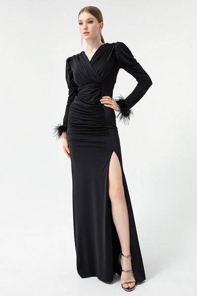 Lafaba Schwarzes zweireihiges Abendkleid mit Kragen und Schlitz für Damen
