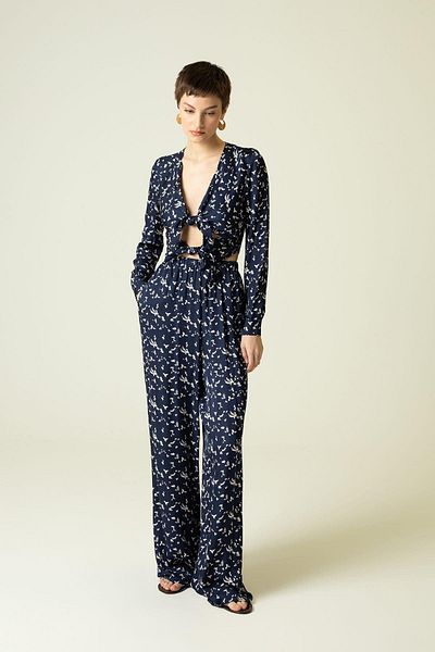 rue Navy Blue Palazzo Trousers - Patterned with Elastic Waist