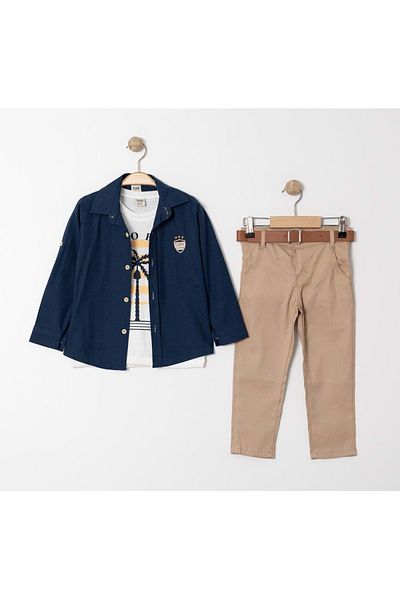 Mnk Baby&Kids Navy Blue Palm Printed T-shirt, Shirt and Pants Set - Mnk4136