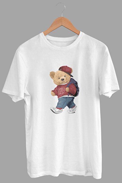 DK DAKSEL Tricou de damă cu imprimeu NYC cu ursuleț de pluș de bază de culoare albă