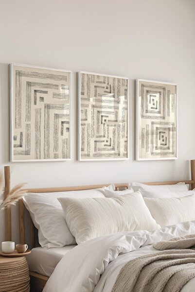 Postifull Çerçeveli Tablo Seti, 3 Adet Beyaz Çerçeve ve Siyah Beyaz Soyut Tem...