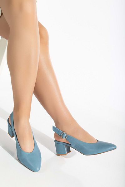 ANAL N SHOES Blue Genuine Leather Ankle Lace Up Buckle Heeled Women s Shoes Trendyol