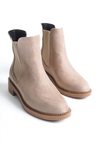 Santamarina Γυναικεία Vanessa Beige Suede Rubber Λεπτομερή κοντά μποτάκια