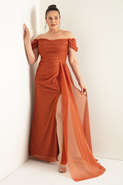 Lafaba Women's Brick Stone Boat Neck Draped Slit Long Glitter Evening Dress