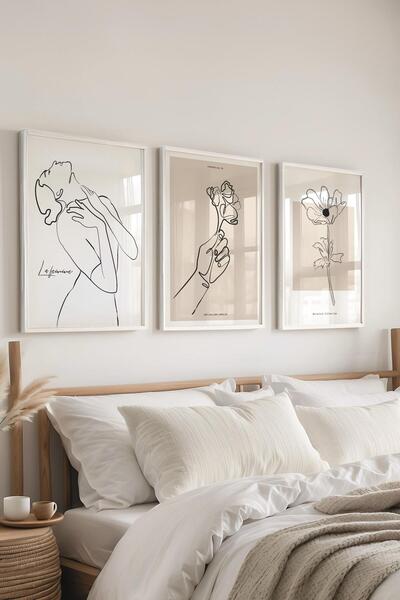 Postifull Çerçeveli Tablo Seti, 3 Adet Beyaz Çerçeve ve Minimalist El Çizimi ...