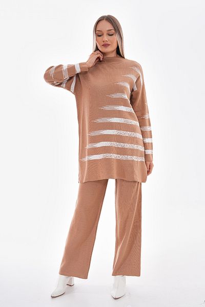 Pinpery Women's Stone Half Fisherman Double Color Transverse Striped Women's Knitwear Suit