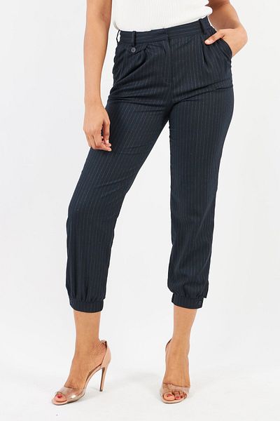 Esprit Women Regular Fit High Rise Striped Stretchable Pants, Navy