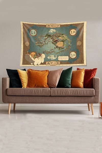 Pelangi Blue Avatar World Map Stain Resistant Velvet Fabric Wall Cloth Wall Carpet Tapestry