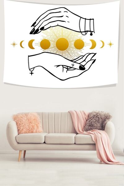 farbala Moon Phases Patterned Stain Resistant Velvet Textured Fabric Wall Clo...