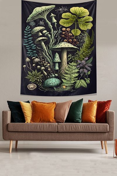 uygun dekor Mushrooms and Magic Plants in the Forest Stain Resistant Fabric Wall Cloth Wall Tapestry Tapestry