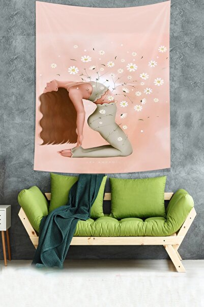 farbala Fată în meditație și flori cu model boem, tapiserie de perete din material rezistent la pete