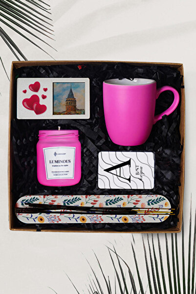 TrendHediye Hediye Seti & Pembe Kupa, Cam Dekoratif Mum, Ayaklı Çerçeve, Magn...