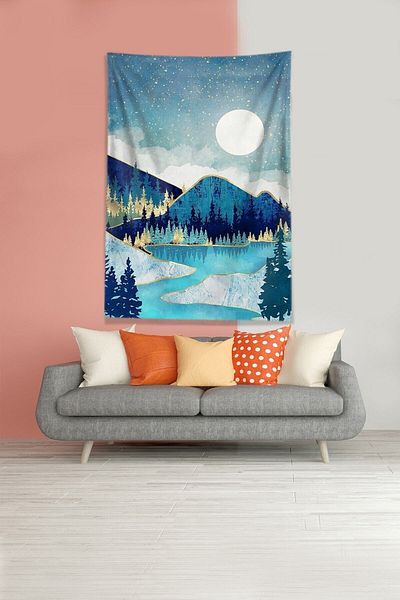 uygun dekor Blue Eclipse of the Moon Husă de perete din țesătură din catifea rezistentă la pete Tapestry