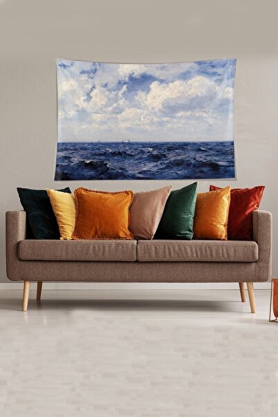 Pelangi Tapestry مخملي أزرق بنمط المحيط - سجادة حائط مقاومة للبقع