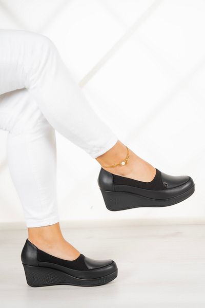 Erkan Saçmacı Priscilla Black Piele autentică - Pantofi casual elastici cu toc pană