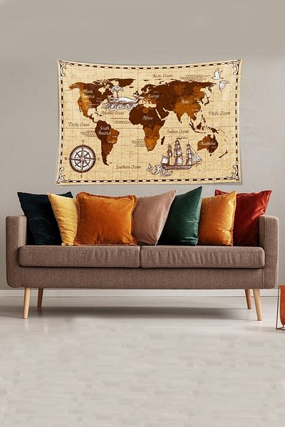 Pelangi Beige-Brown Velvet Tapestry - Stain-Proof Wall Cover with World Map Pattern