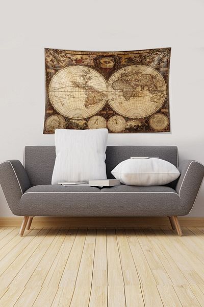 Pelangi Stain-Proof Wall Cover and Rug Tapestry with Velvet Fabric - Brown World Map Pattern