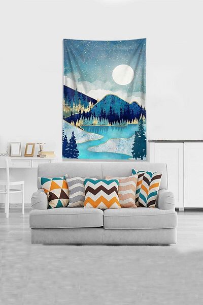 uygun dekor Blue Eclipse of the Moon Husă de perete din țesătură din catifea rezistentă la pete Tapestry