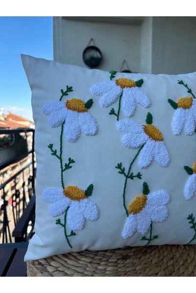 punchatolyem Punch Panch Daisy Cushion Cover Handmade 100% Handcrafted Ecru Color 43X43