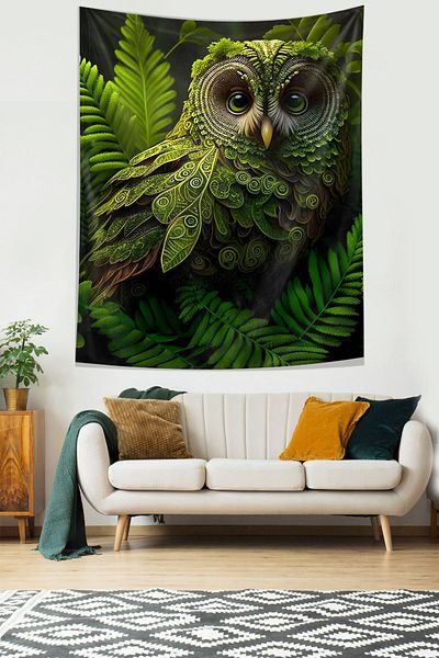 uygun dekor Green Owl Non-Slip Fabric Tapestry - Wall Cover and Carpet