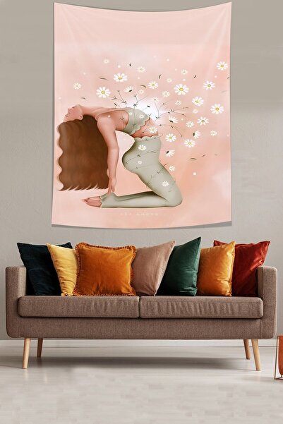 farbala Fată în meditație și flori cu model boem, tapiserie de perete din material rezistent la pete