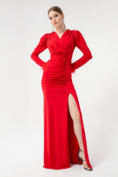 Lafaba Women's Red Double Breasted Collared Sleeves Feather Slit Evening Dress