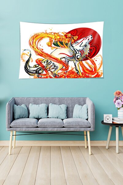 farbala Tapiserie de perete din material texturat din catifea, rezistentă la pete, cu imprimeu de lup și foc