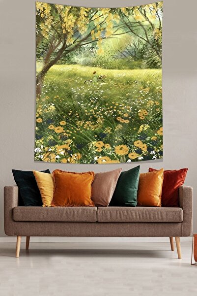 uygun dekor Çiçek Tarlası İçinde Biskiletli Kız Leke Tutmaz Kumaş Duvar Örtüs...