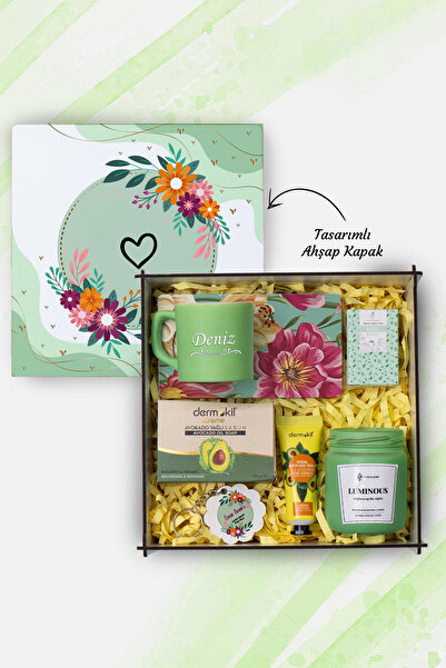 TrendHediye Dekoratif Ahşap Kutu İçerisinde, Yeşil Fincan, Mum,Anahtarlık,Kahve, Güzellik Seti