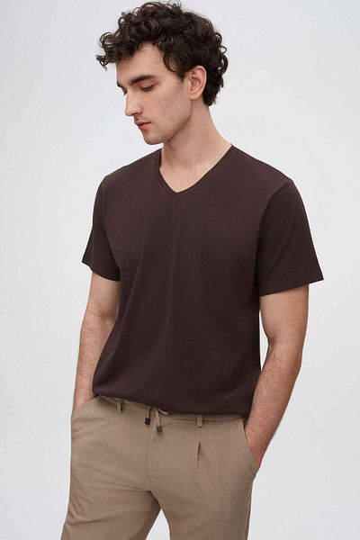 D'S Damat Μπλουζάκι Slim Fit καφέ με λαιμόκοψη 100% βαμβάκι