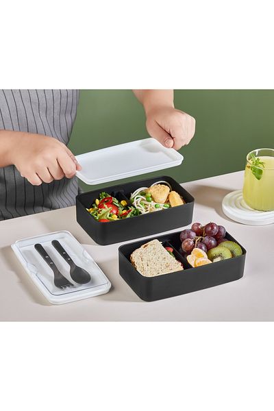 Bayev 2-Tier Black Storage Container with Fork and Spoon 1003 Lunch Box - Food Box with Feeding Compartment