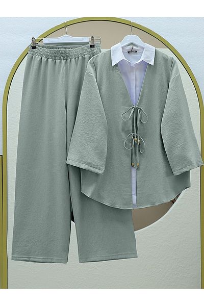 Modamorfo Kimono Set with Double Tie Front Trousers -Mint