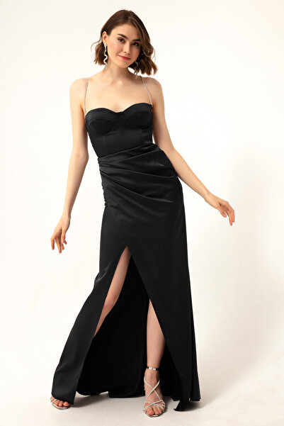 Lafaba Damen-Abendkleid aus schwarzem Satin mit Steinriemen und Schlitz