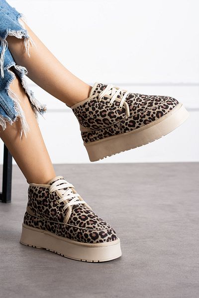 SOLDOY Cizme midi din piele intoarsa leopard bej - talpa groasa, blana in interior, jumatate de siret