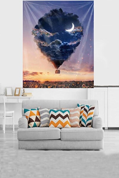 uygun dekor Ayçiçeği Tarlası Uçan Balon Leke Tutmaz Kadife Dokulu Kumaş Duvar...