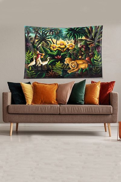 Pelangi Green Velvet Tapestry - Amazon Animal World Patterned, Stain-Proof Wall Tapestry