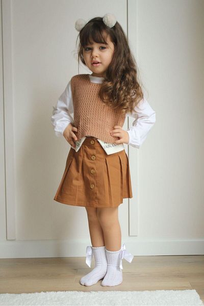 Magu Girl's Brown Shirt Knitwear Sweater Skirt Top and Bottom Set