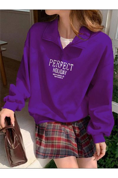 RASCHA Hanorac oversize cu jumătate de fermoar cu imprimeu perfect violet pentru femei