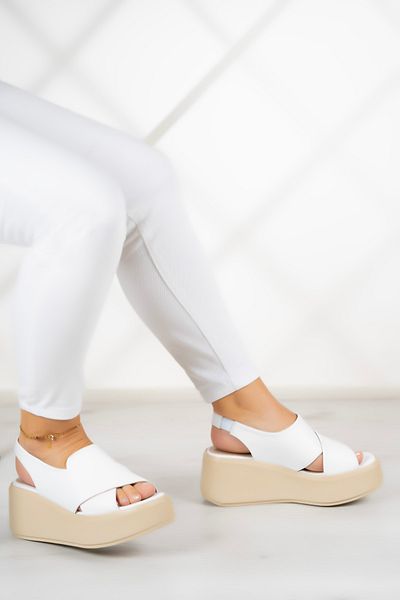 Erkan Saçmacı Olivia White Genuine Leather - Sandale cu toc cu pană