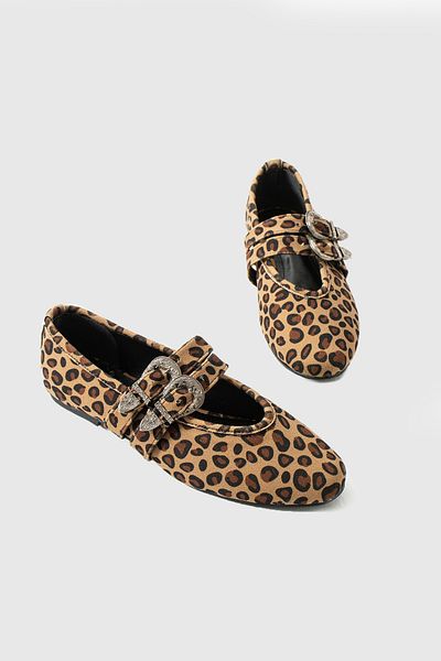 Feyz istanbul Double Buckle Leopard Patterned Women's Ballerinas - Chiesa