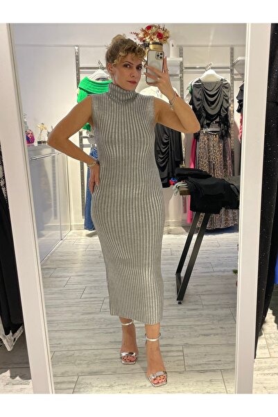 Süeda Pekcan butik Varaklı gri Triko elbise