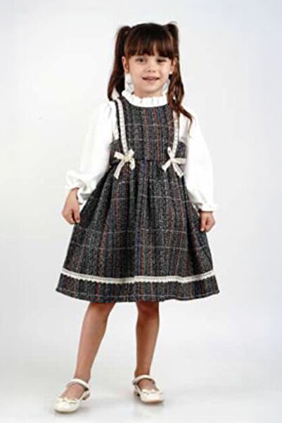 Minigimin Cicileri Miniğimin Cicileri Tuvit Ekose Yaka Roba Fistolu Kız çocuk elbise - Siyah