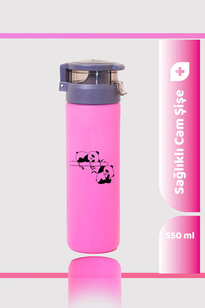 Seraclass 550ml Kilitli Kapak Pembe Renkli Cam Şişe Matara, Suluk & Panda Tas...