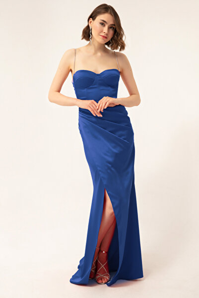Lafaba Női indigó kőpántos hasított, hosszú szatén estélyi ruha