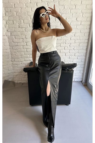 moneta boutique Fustă din piele cu fante lungi pentru damă - neagră