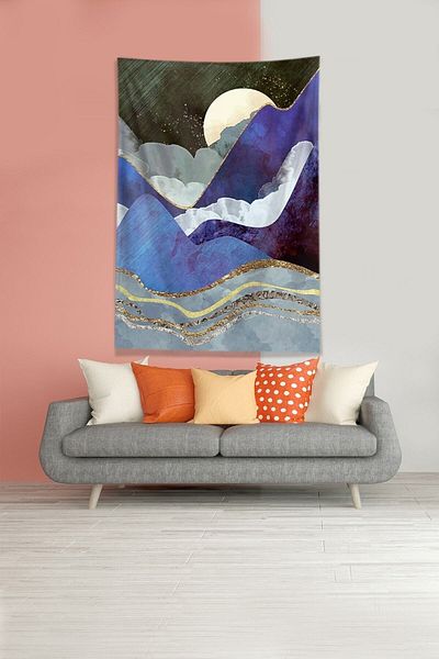 uygun dekor Blue Eclipse of the Moon Husă de perete din țesătură din catifea rezistentă la pete Tapestry