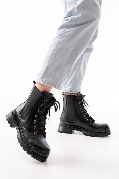 Moda Asmira 2051-298 Black Leather Flat Heeled Lace up Elastic Daily Women's Boots